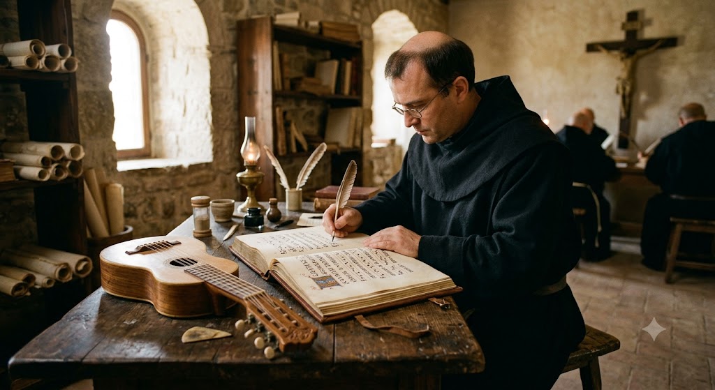 monaco che scrive le note musicali su un libro